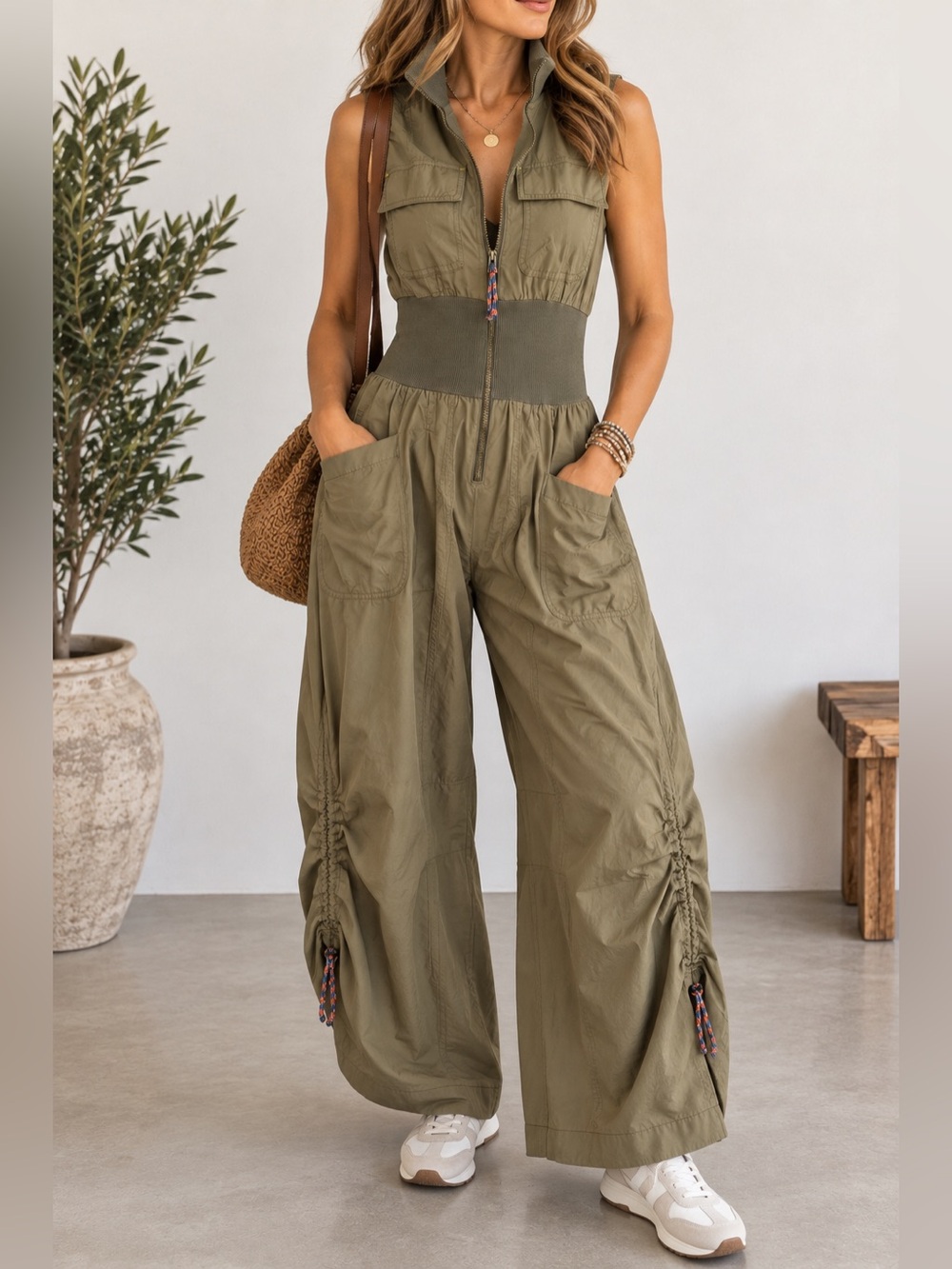 NWOT Anthropologie Utility Maxi Dress S Olive Green Cargo Zip Front
